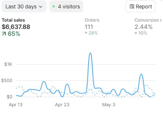 Shopify: total sales $6,637.88, up 65%, 111 orders, last 30 days