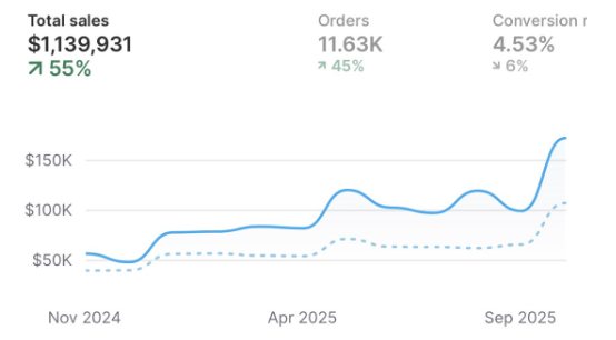 Shopify dashboard: $1,139,931 in sales, 11.63K orders, up 55%