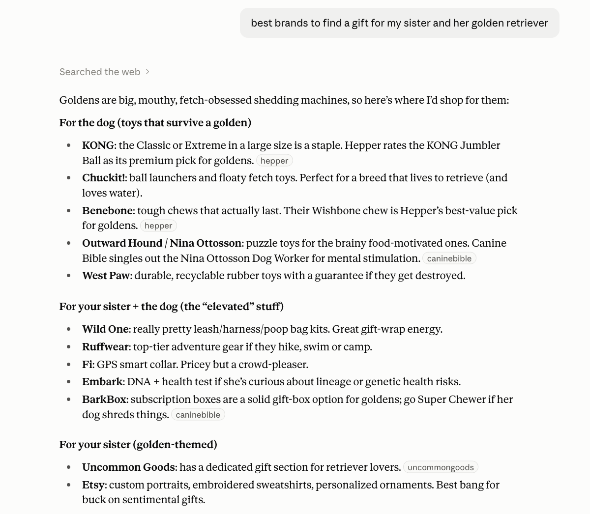 An AI answer to "best brands to find a gift for my sister and her golden retriever", listing brands under three headings, with small source chips such as hepper, caninebible and uncommongoods beside some of them
